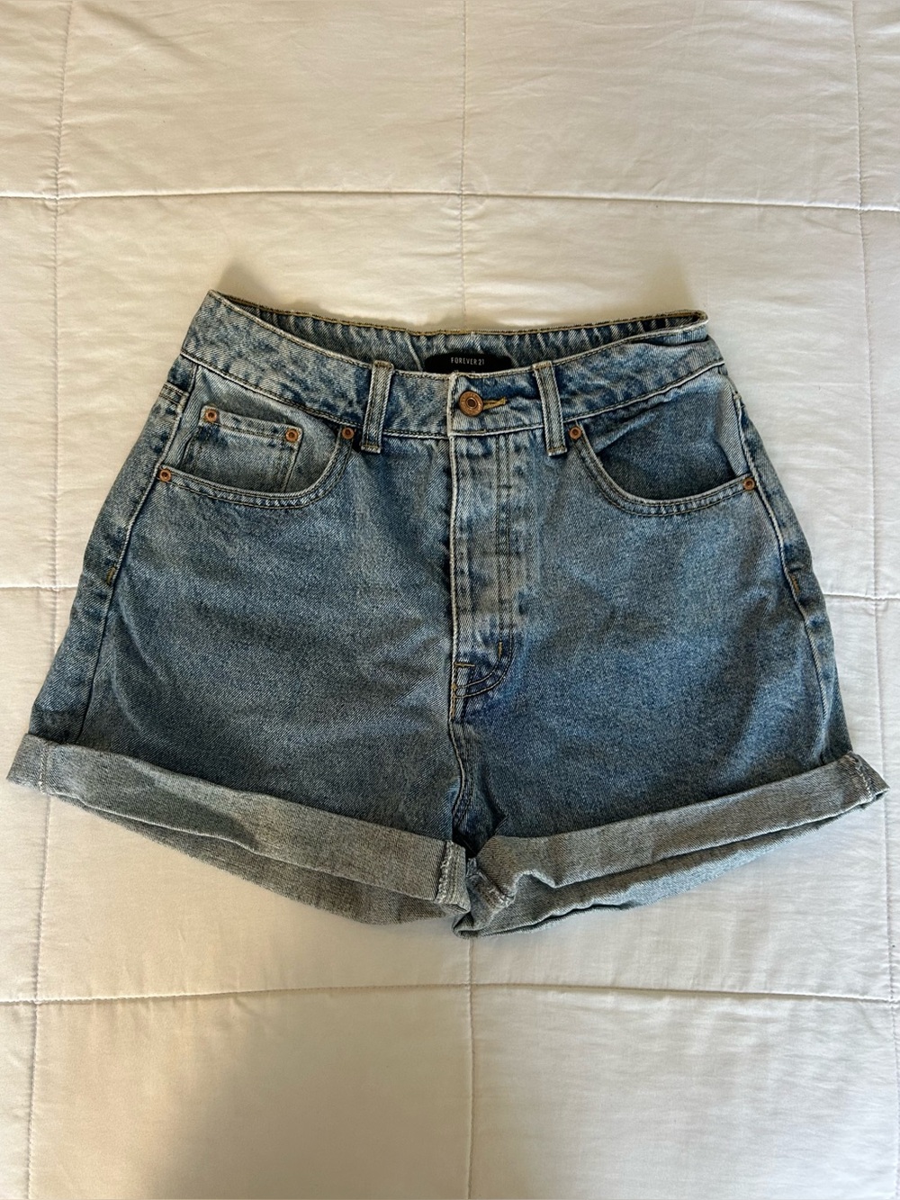 Forever 21 Light Blue Rolled-Hem Denim Mom Shorts
